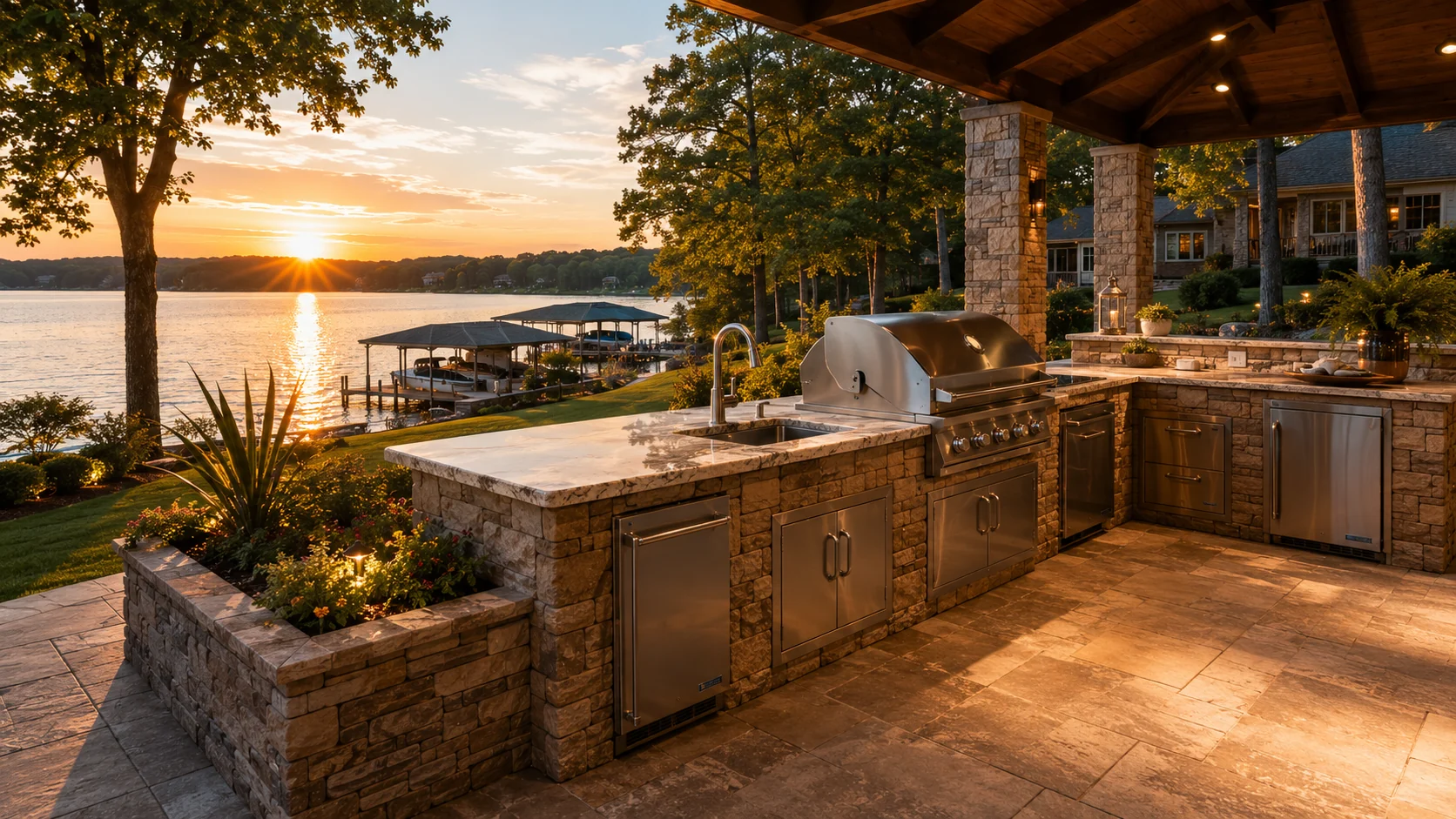 Covered stone outdoor kitchen overlooking a lake at sunset