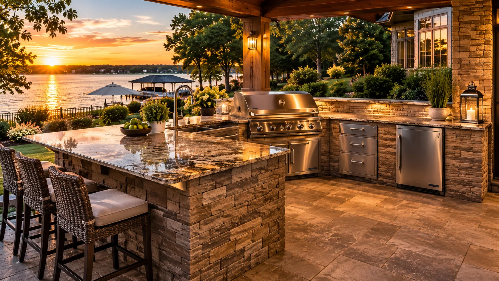 Contemporary grill island with stone counters and stainless appliances