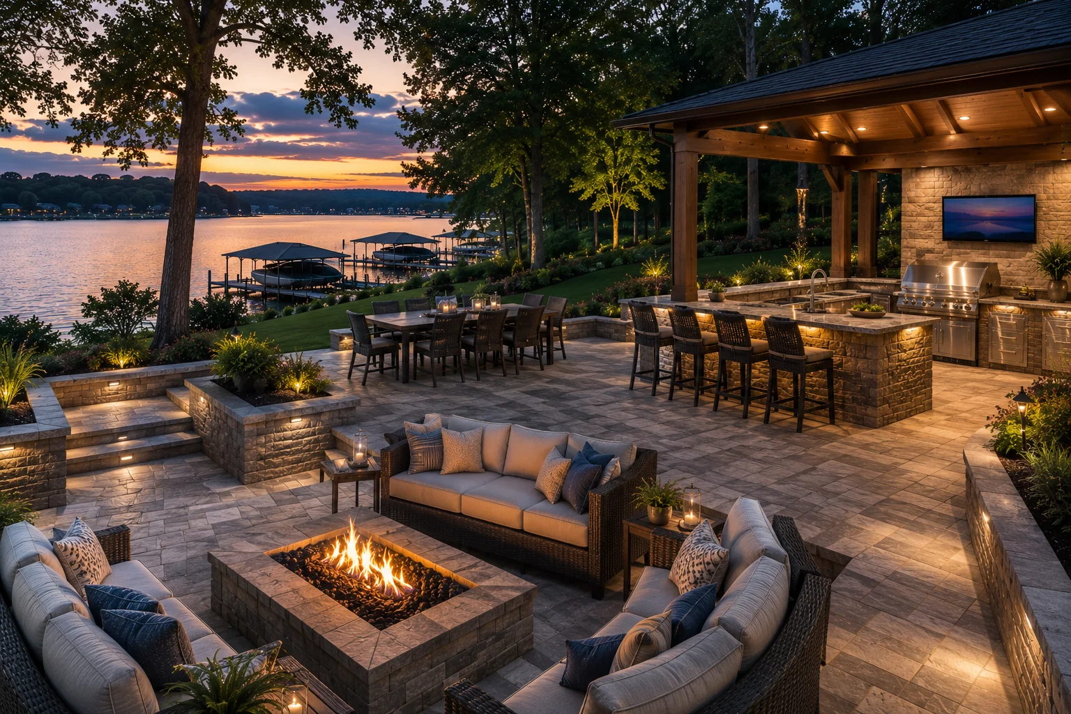 Complete outdoor living setting with kitchen, dining and fireside seating