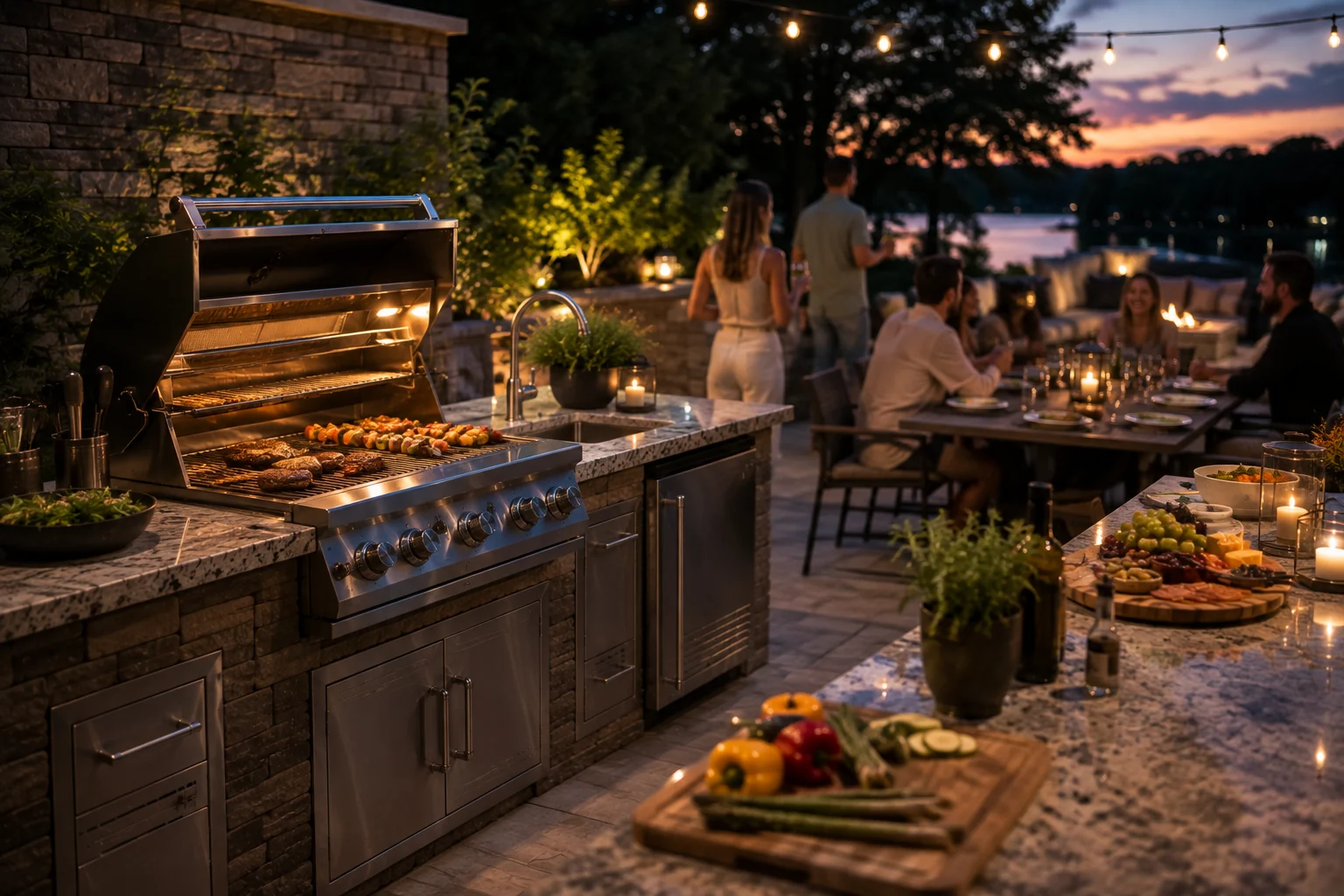 Friends sharing an evening meal beside an outdoor kitchen