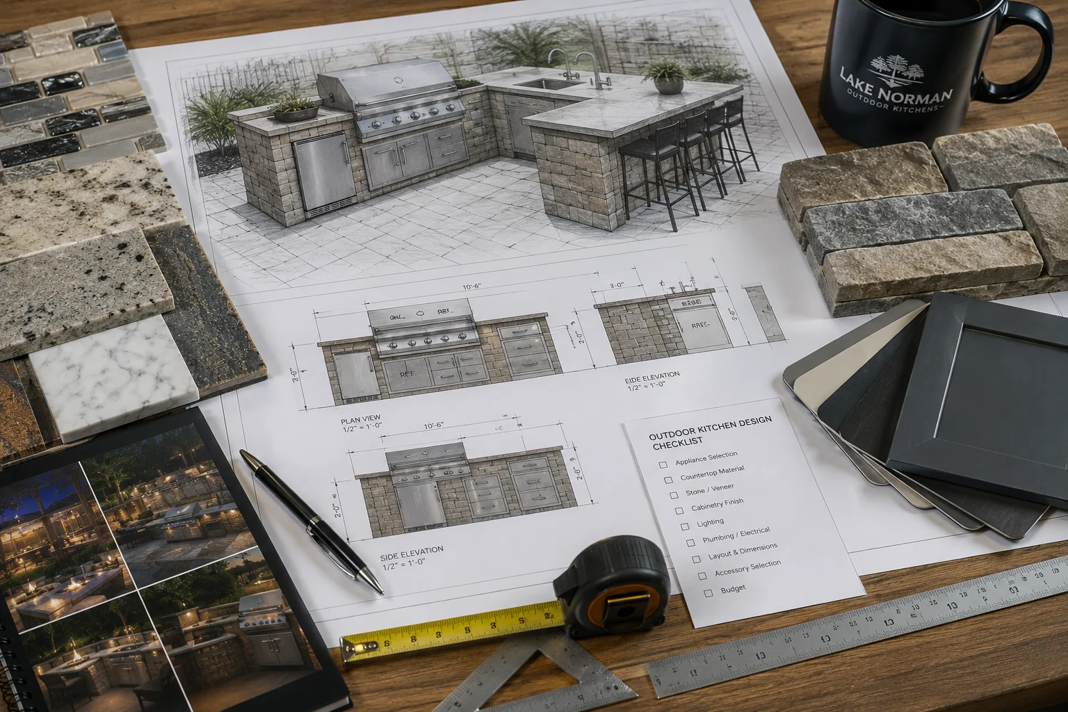 Outdoor kitchen planning drawing with countertop and cabinet samples